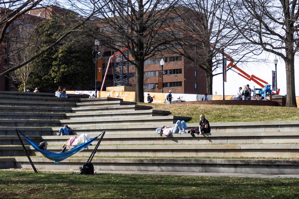 Students spend time outside at HSS Plaza. Wednesday, Feb. 11, 2026.