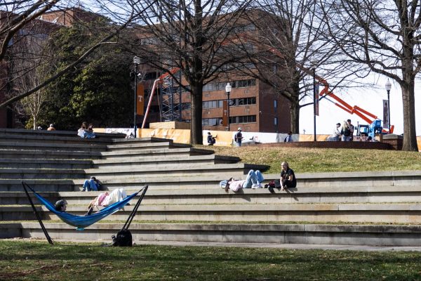 Students spend time outside at HSS Plaza. Wednesday, Feb. 11, 2026.