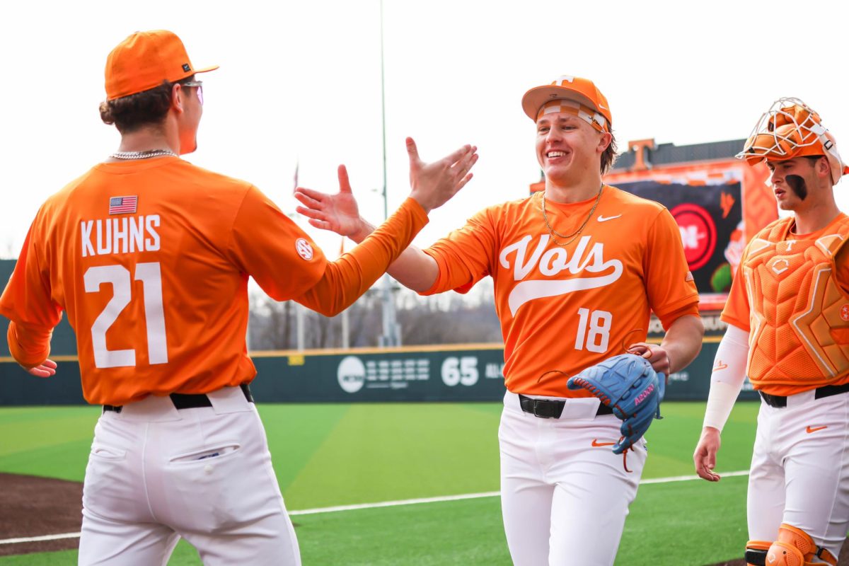 Tegan Kuhns (21) and Landon Mack (18) before the game against Nicholls in Lindsey Nelson Stadium. Saturday, Feb. 14, 2026.