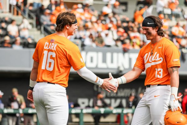 Levi Clark (16) and Reese Chapman (13) celebrate during the game against Nicholls in Lindsey Nelson Stadium. Saturday, Feb. 14, 2026.