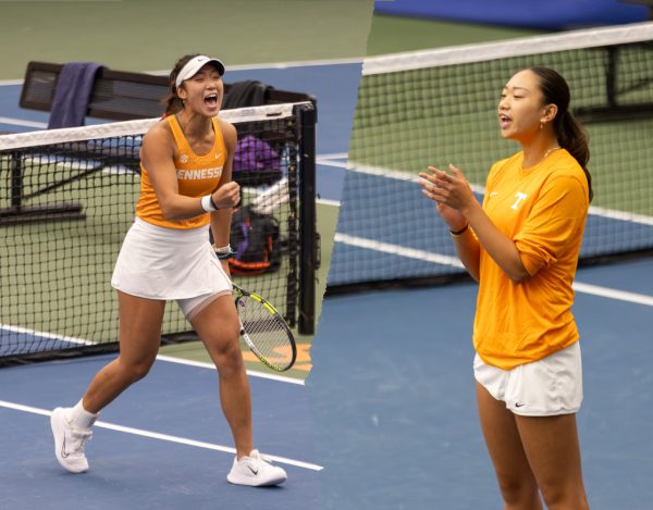 Tennessee women's tennis athletes Catherine Aulia (left) and Audrey Aulia (right) during a match against Clemson. Saturday, Jan. 24, 2026.