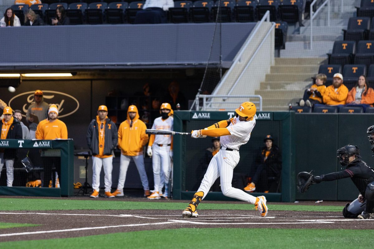 Blaine Brown (1) hits a 3 run homerun against Bellarmine at Lindsey Nelson Stadium. Tuesday, Feb. 24, 2026.