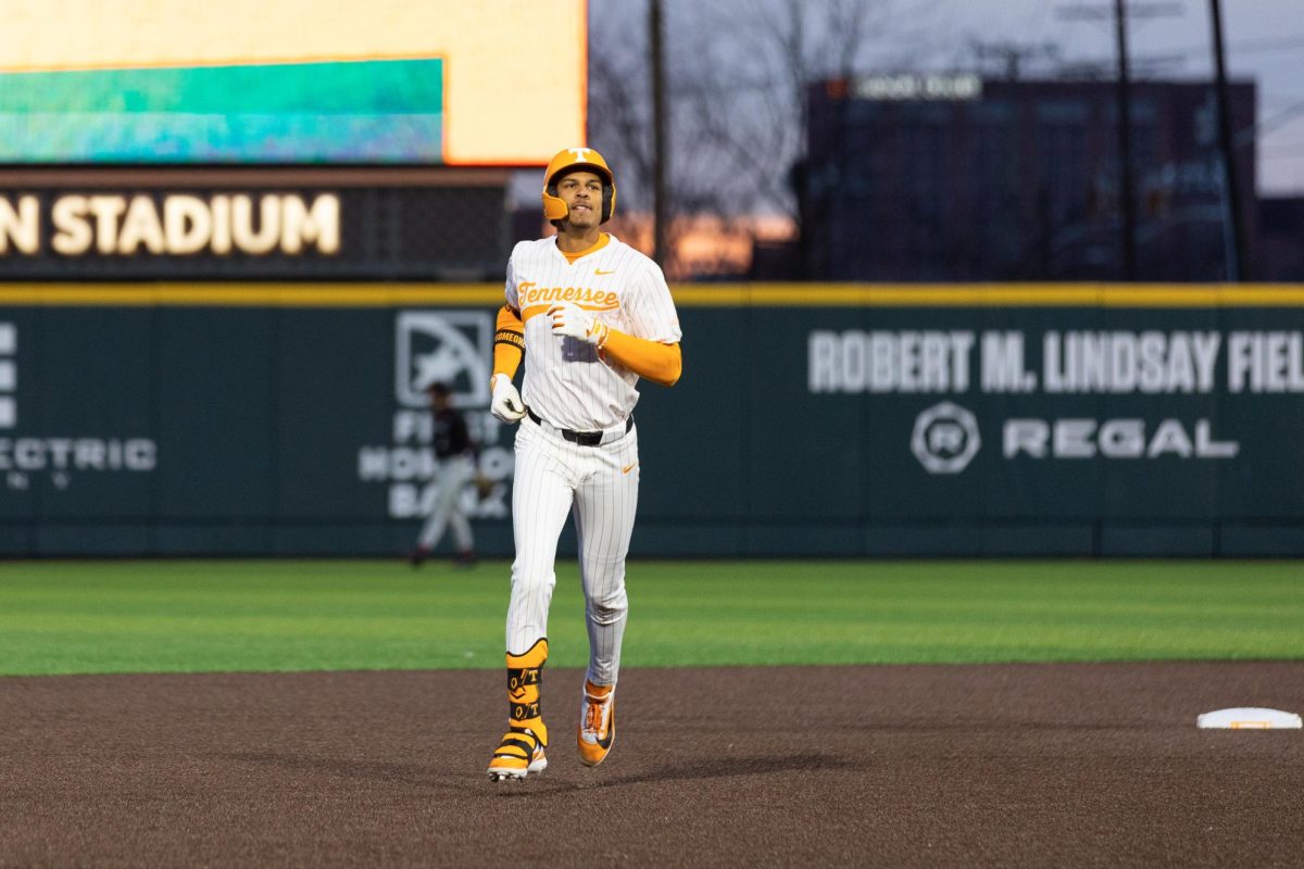 Blaine Brown (1) rounds second base after hitting a 3 run homerun against Bellarmine at Lindsey Nelson Stadium. Tuesday, Feb. 24, 2026.