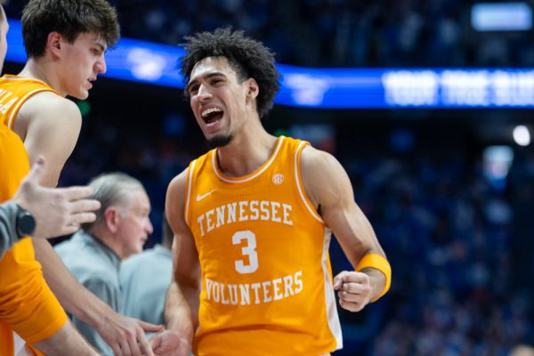 Bishop Boswell (3) shouts during a game against Kentucky at Rupp Arena. Saturday, Feb. 7, 2026.