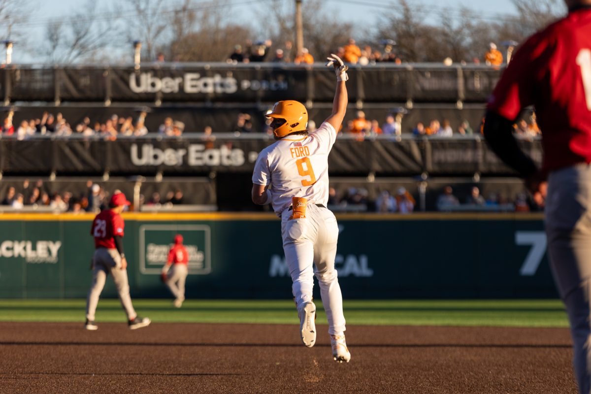 Henry Ford (9) homers during a game against Nicholls at Lindsey Nelson Stadium. Friday, Feb. 13, 2026.
