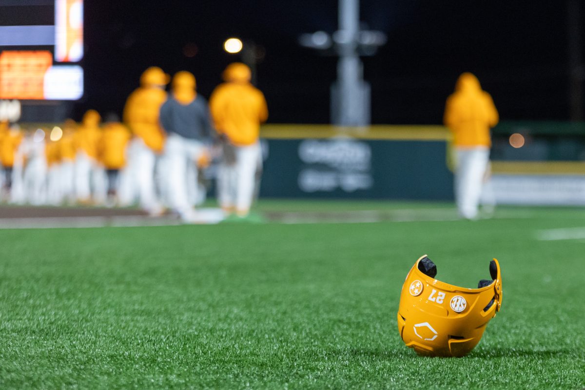 A helmet rests on the field after a game against Nicholls at Lindsey Nelson Stadium. Friday, Feb. 13, 2026.