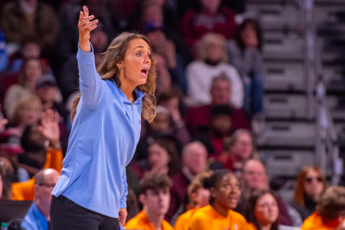 Lady Vols basketball head coach Kim Caldwell argues a no-call during a game against South Carolina at Colonial Life Arena. Sunday, Feb. 8, 2026.
