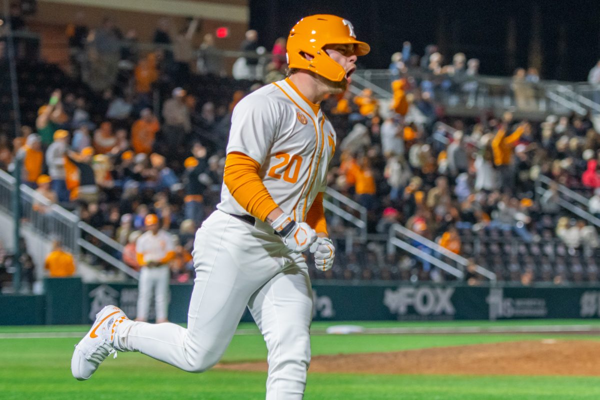Tyler Myatt (20) celebrates a home run during a game against Nicholls at Lindsey Nelson Stadium. Friday, Feb. 13, 2026.