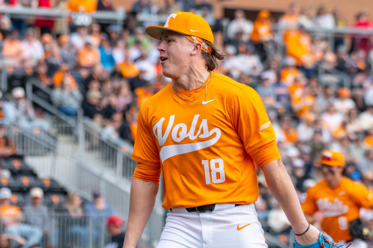 Landon Mack (18) celebrates getting out of an inning during a game against Nicholls at Lindsey Nelson Stadium. Saturday, Feb. 14, 2026.