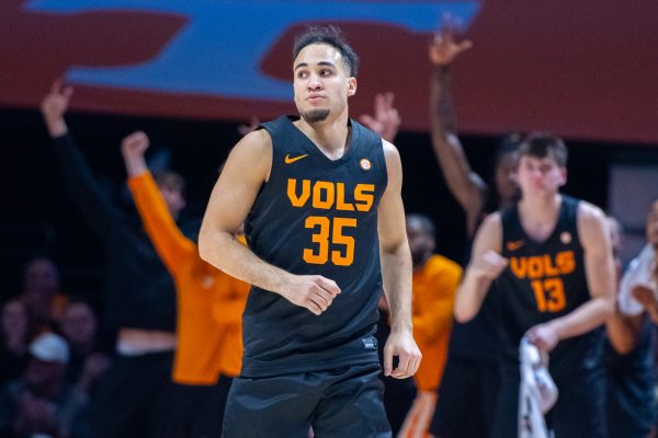 Ethan Burg (35) runs back to defend after making a three-pointer during a game against LSU at Food City Center. Saturday, Feb. 14, 2026.