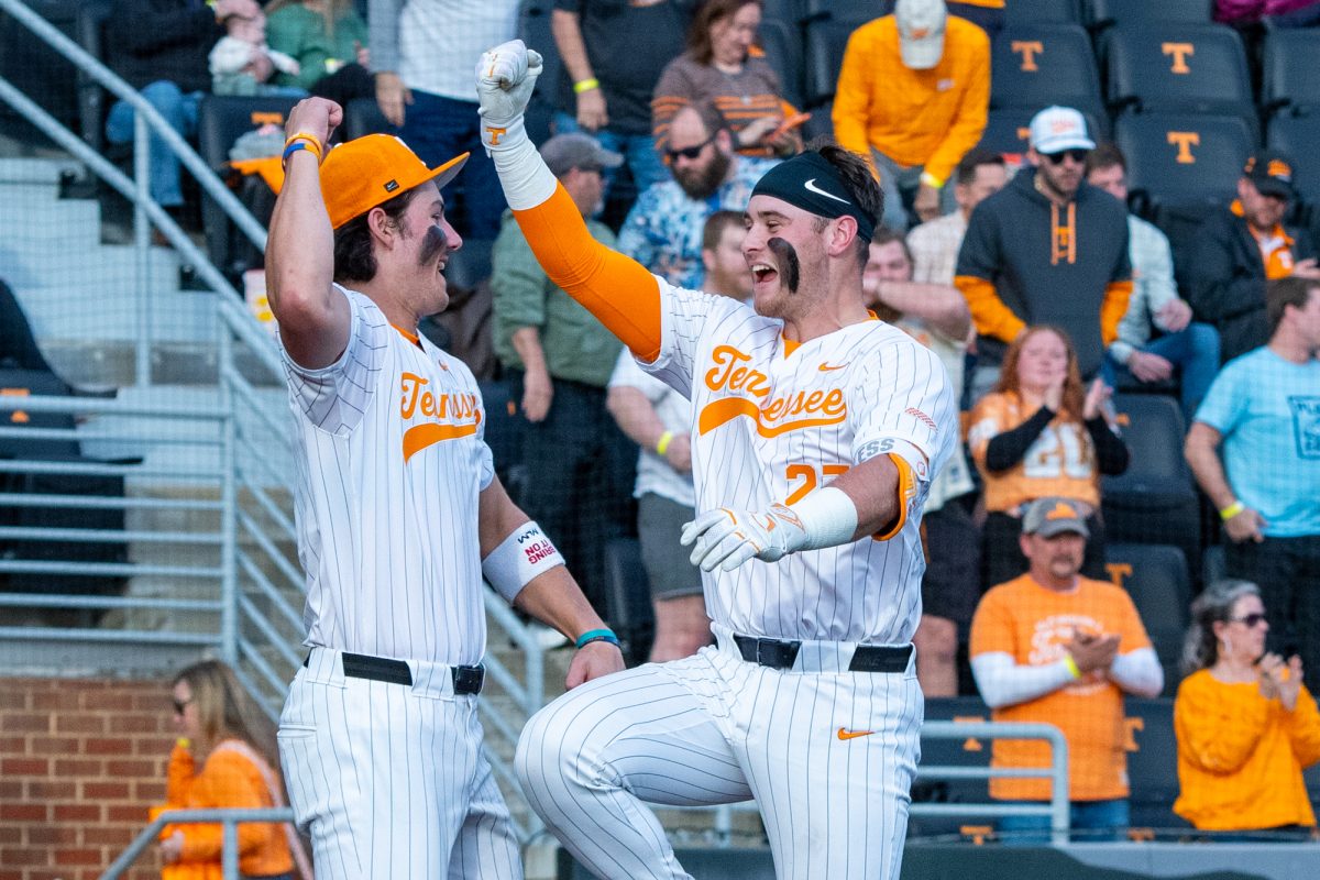 Stone Lawless (27) celebrates a home run during a game against UNC Asheville at Lindsey Nelson Stadium. Tuesday, Feb. 17, 2026.