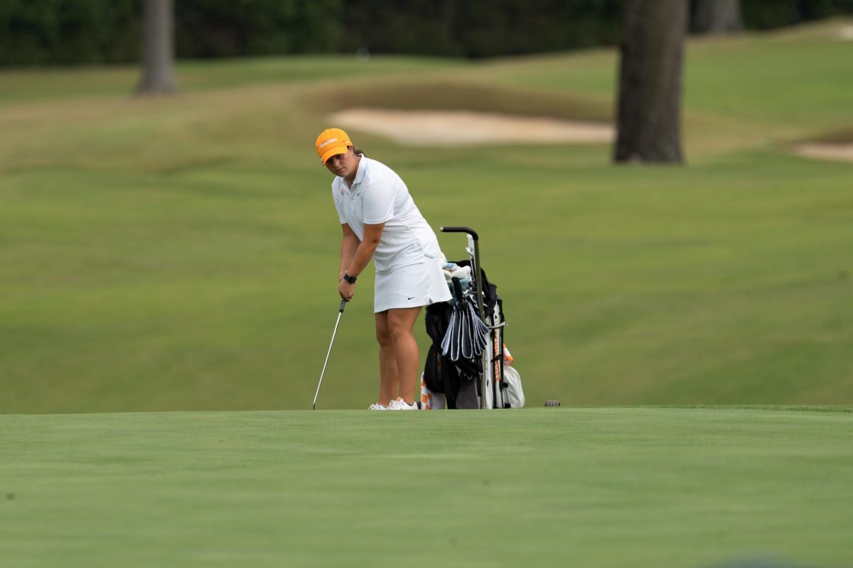 Madison Messimer gets ready for a long putt at the Mercedes-Benz Intercollegiate at the Cherokee Country Club. Tuesday, Oct. 7, 2025.