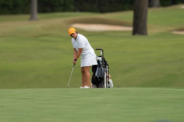 Madison Messimer gets ready for a long putt at the Mercedes-Benz Intercollegiate at the Cherokee Country Club. Tuesday, Oct. 7, 2025.