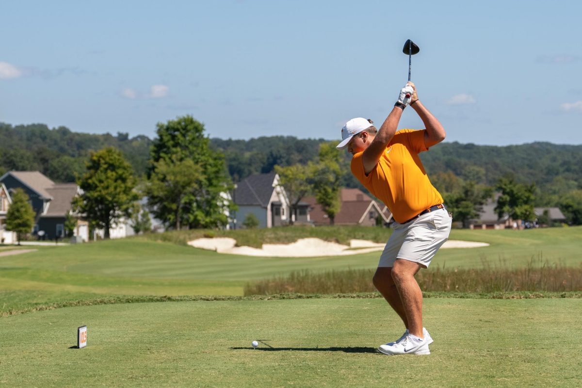 Jackson Herrington tee's off on the opening hole of the Visit Knoxville Collegiate in Loudon, Tennessee. Sunday, Sept. 7, 2025.