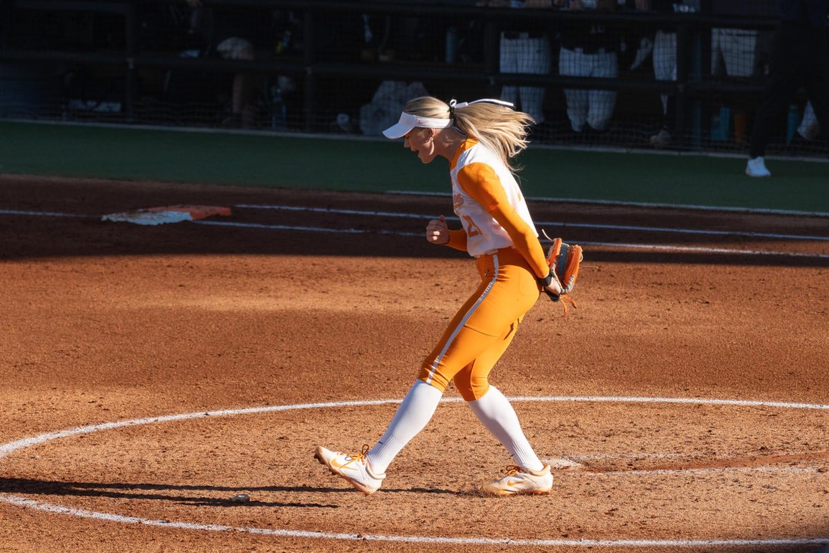 Karlyn Pickens (23) celebrates after striking out a Penn State batter at Sherri Parker Lee Stadium. Saturday, Feb. 28, 2026.