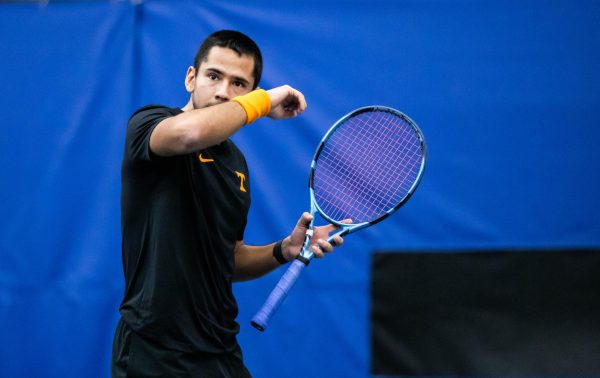 Jose Garcia during a match against Eastern Kentucky in Goodfriend Tennis Center. Thursday, Jan. 29, 2026.
