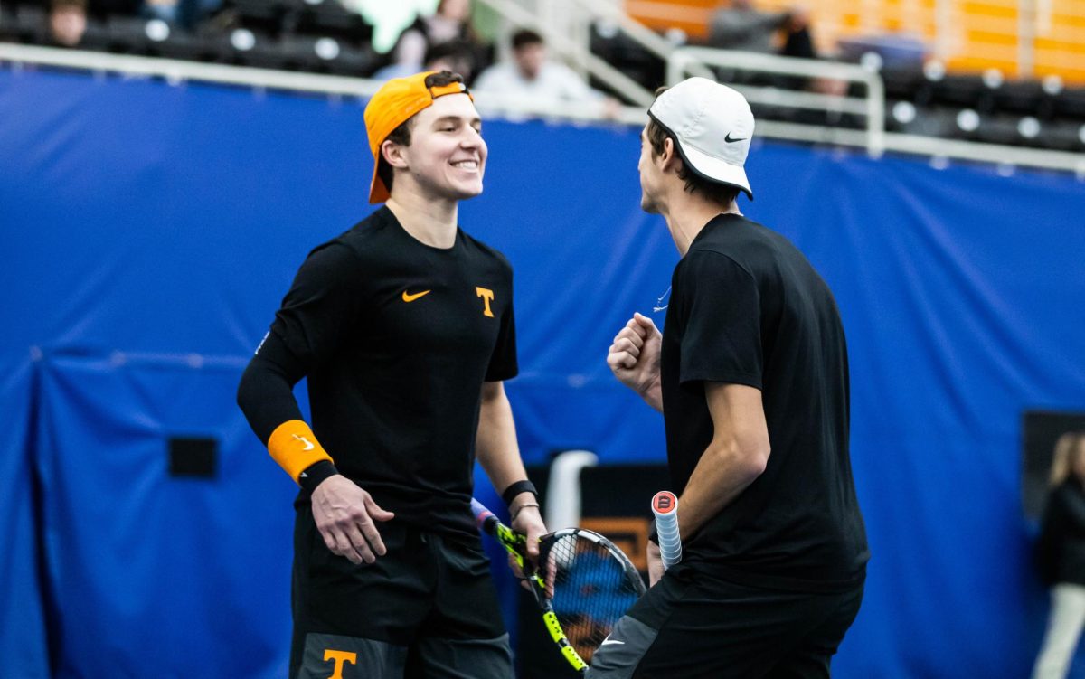 Alejandro Moreno and Dragos Cazacu celebrate during a match against Eastern Kentucky in Goodfriend Tennis Center. Thursday, Jan. 29, 2026.