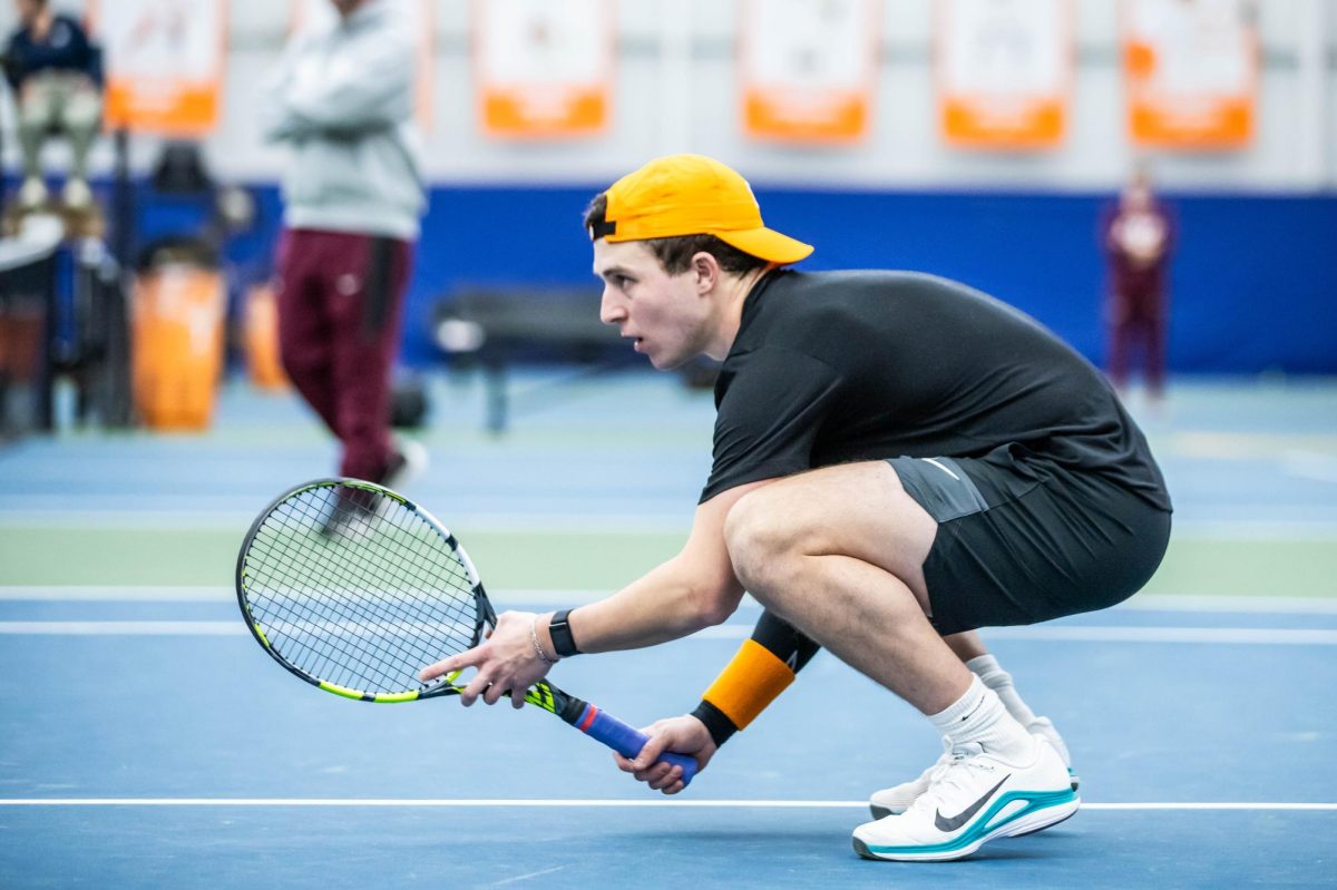 Alejandro Moreno during a match against Eastern Kentucky in Goodfriend Tennis Center. Thursday, Jan. 29, 2026.