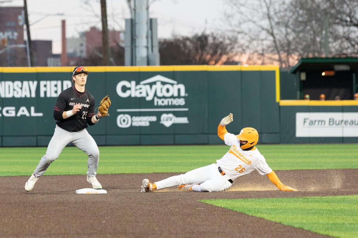 Chris Newstrom (26) slides into second base and breaks up the double play against Bellarmine at Lindsey Nelson Stadium. Tuesday, Feb. 24, 2026.
