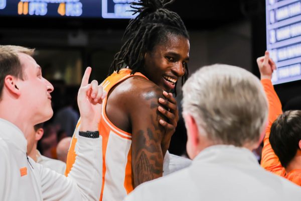 Felix Okpara (34) celebrates during the game against Vanderbilt in Memorial Gymnasium. Saturday, Feb. 21, 2026.