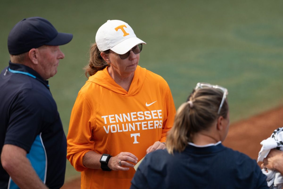 Karen Weekly stands at the umpire meeting during a fall ball scrimmage against ETSU. Oct. 4, 2025. 