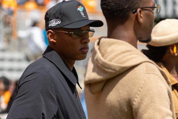 VFL Josh Dobbs seen on the sideline with Hendon Hooker  at the Orange & White game at Neyland Stadium. Saturday, April 12, 2025.