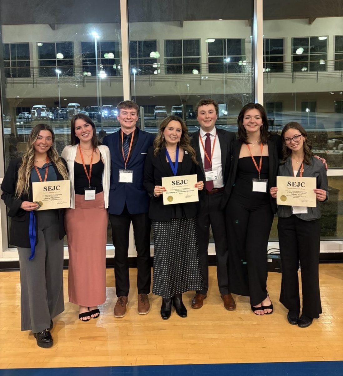 The Daily Beacon took home 11 awards from the 2025 Southeast Journalism Conference. Pictured left to right: Staff Writer Claire Thatcher, Contributor Aubrey Holland, Sports Editor Trevor McGee, Editor-in-Chief Caden Dyer, News Editor Patrick Busch, Design Editor Lindsay Favre and Staff Writer Olivia Lee.