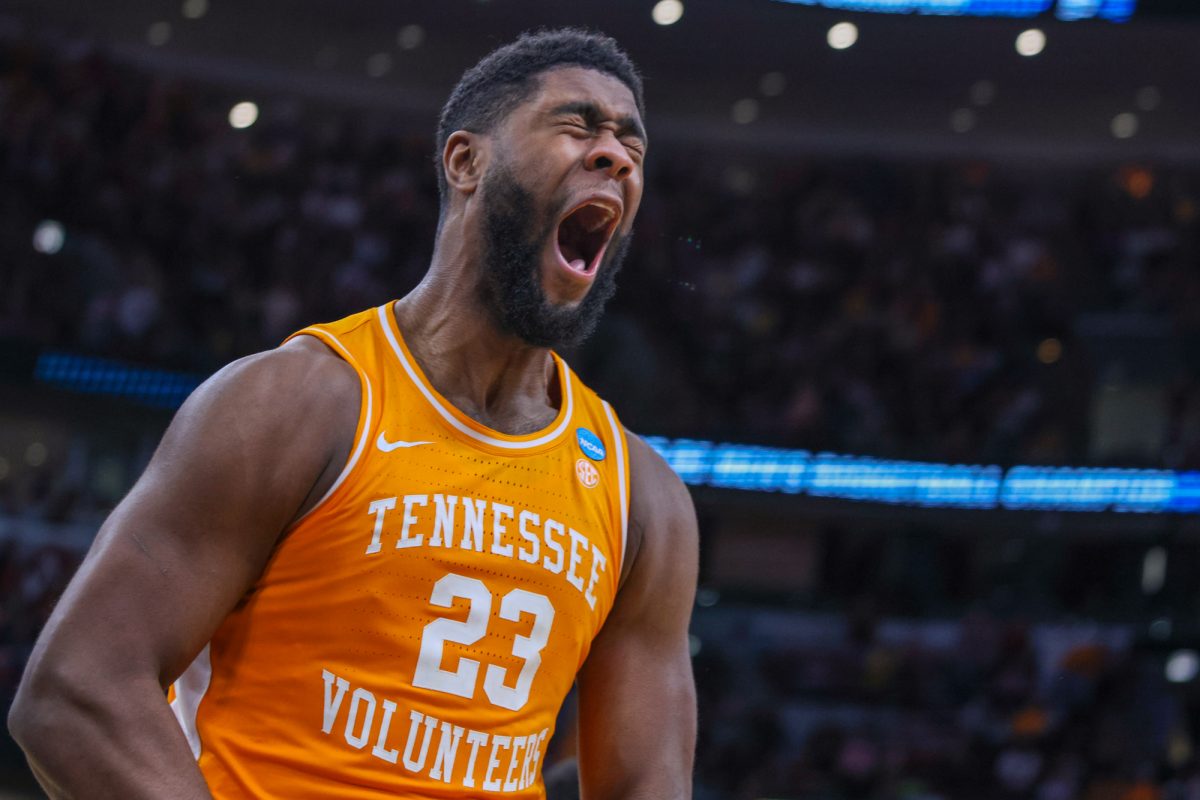 Jaylen Carey (23) celebrates an and-one during an NCAA Tournament game against Iowa State at United Center. Friday, March 27, 2026.