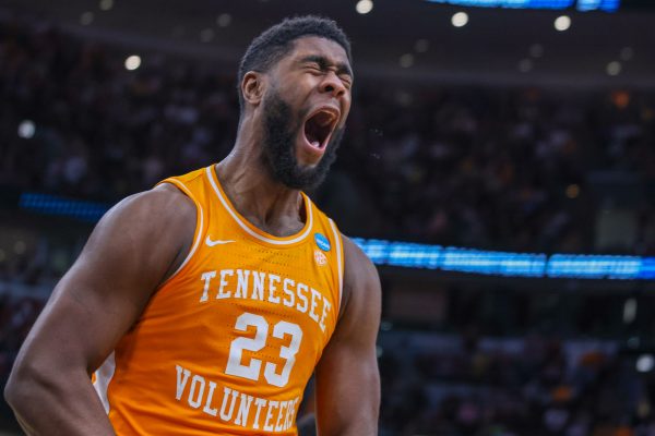 Jaylen Carey (23) celebrates an and-one during an NCAA Tournament game against Iowa State at United Center. Friday, March 27, 2026.