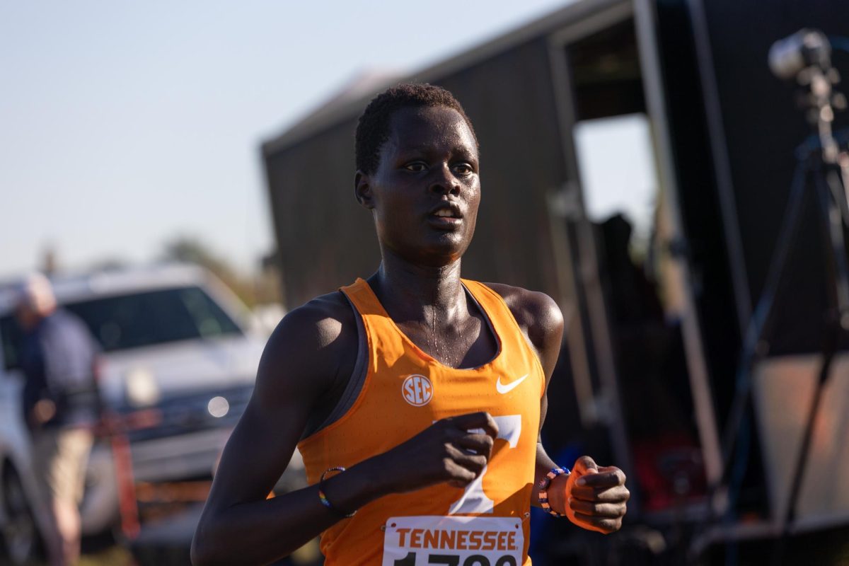Tennessee's Mary Ogwoka wins the women's race at the Tennessee Cross Country Invitational at Cherokee Farm. Friday, Aug. 29, 2025.