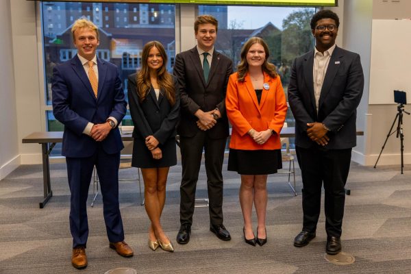 From left to right, Zack Duncan, Caroline Marcus, Cade Simmons, Anna Beth Thompson and Adarius Parrish. All five candidates took part in Monday evening's SGA election debate.