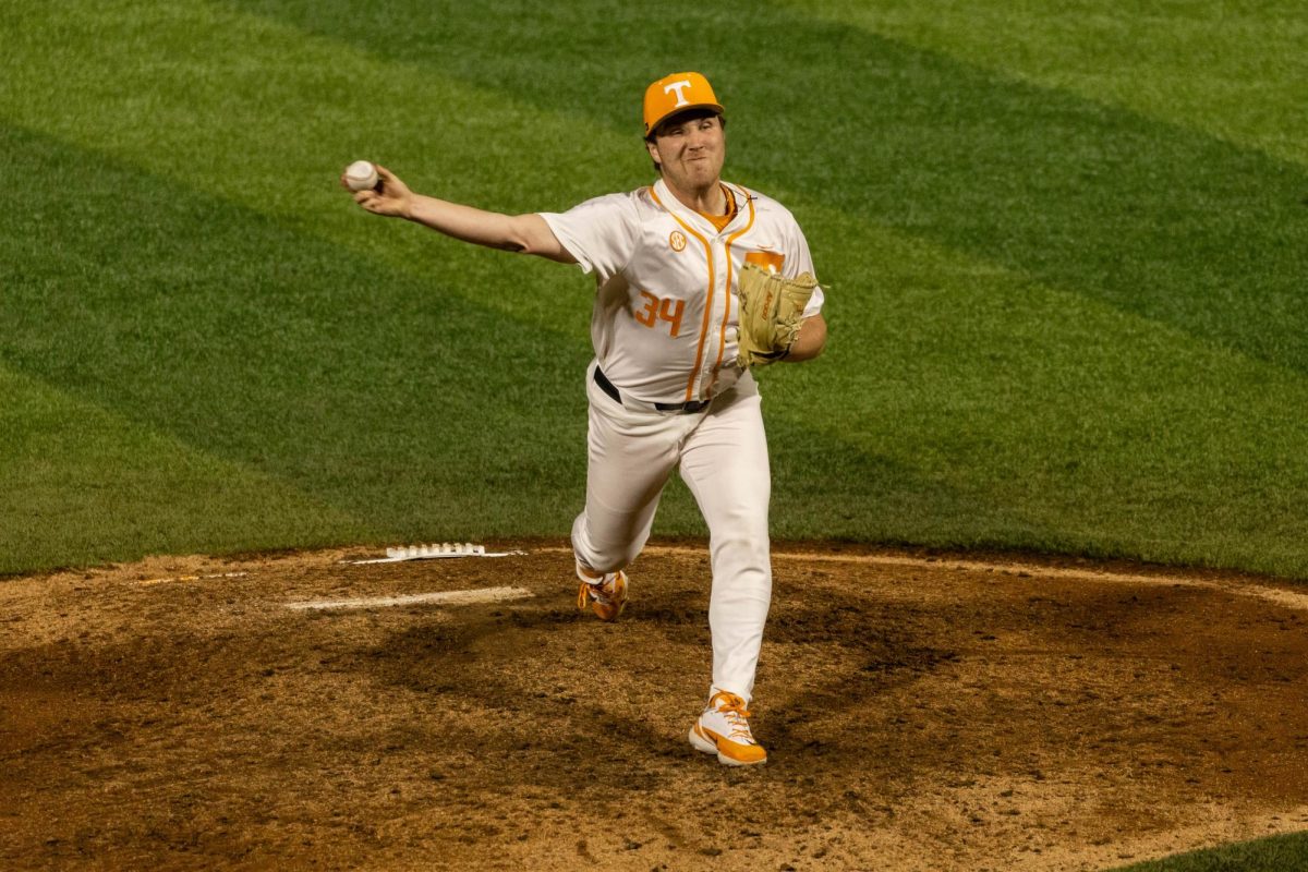 Brayden Krenzel (34) throws a pitch in a game against USC Upstate at Linsdey Nelson Stadium, Tuesday, March 24, 2026.