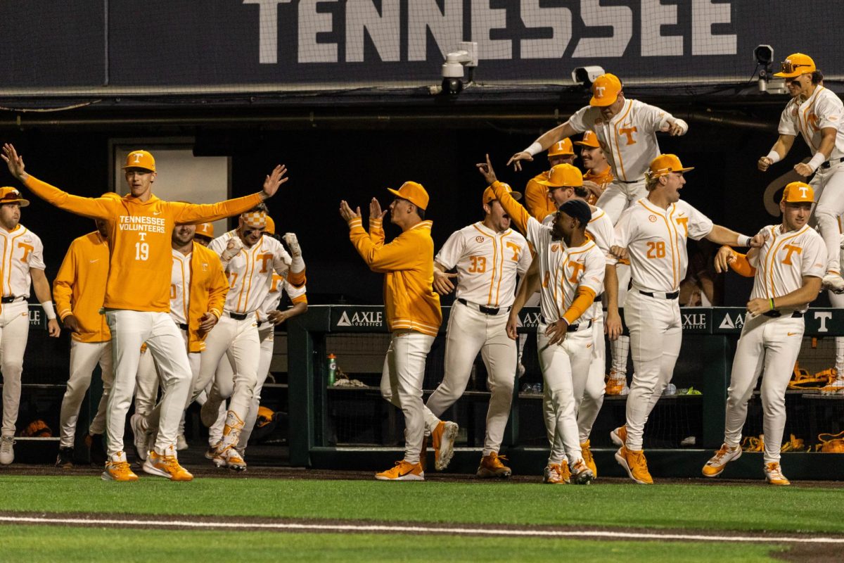 Tennessee Baseball players celebrate after Blake Grimmer (14) hits a walk-off home run in a game against USC Upstate at Lindsey Nelson Stadium, Tuesday, March 24, 2026.
