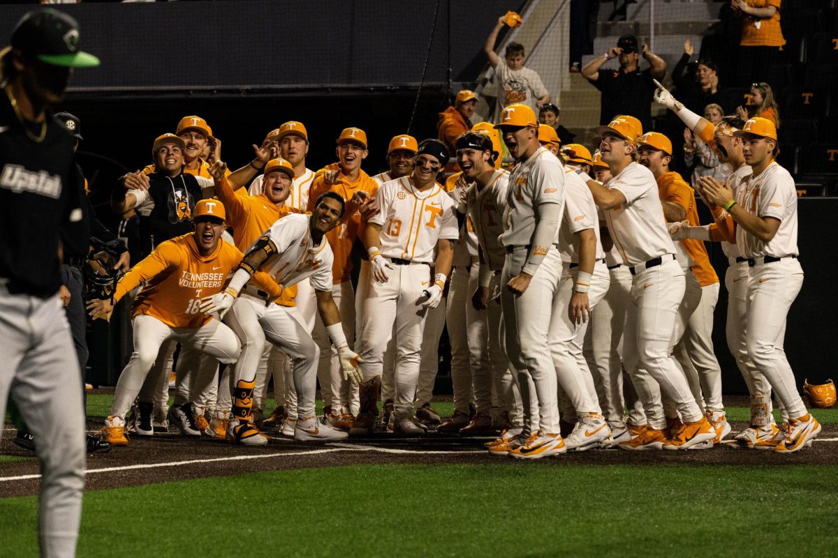 Tennessee Baseball celebrates as Blake Grimmer (14) nears home plate after a walk-off home run in a game against USC Upstate,  Tuesday, March 24, 2026.