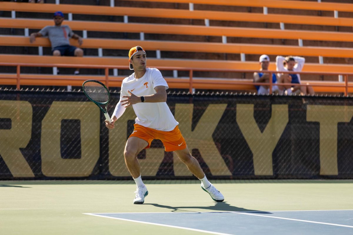 Poitr Seikanowicz watches the ball in a doubles match against Florida at Barksdale Stadium, Sunday, March 22, 2026.