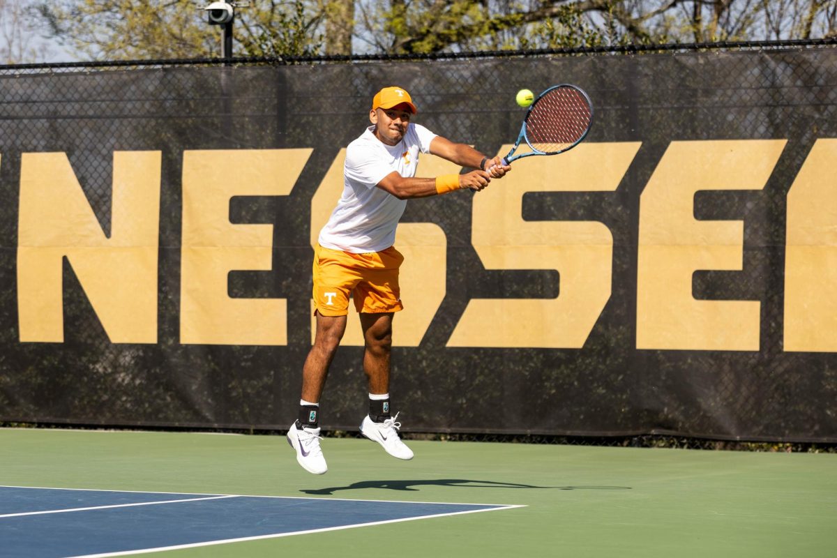 Jose Garcia hits the ball in a doubles match against Florida at Barksdale Stadium, Sunday, March 22, 2026.