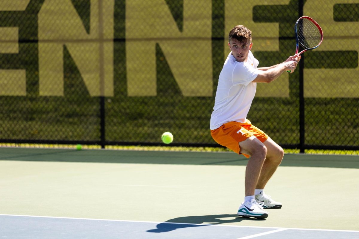 Ethan Muza focuses on the ball in a singles match against Florida at Barksdale Stadium, Sunday, March 22, 2026. 
