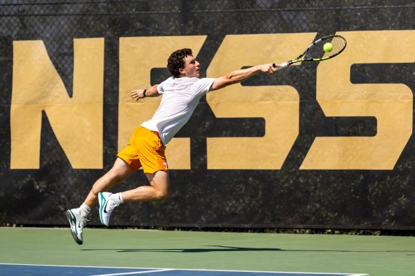 Alejandro Moreno hits the ball in a singles match against Florida at Barksdale Stadium, Sunday, March 22, 2026.