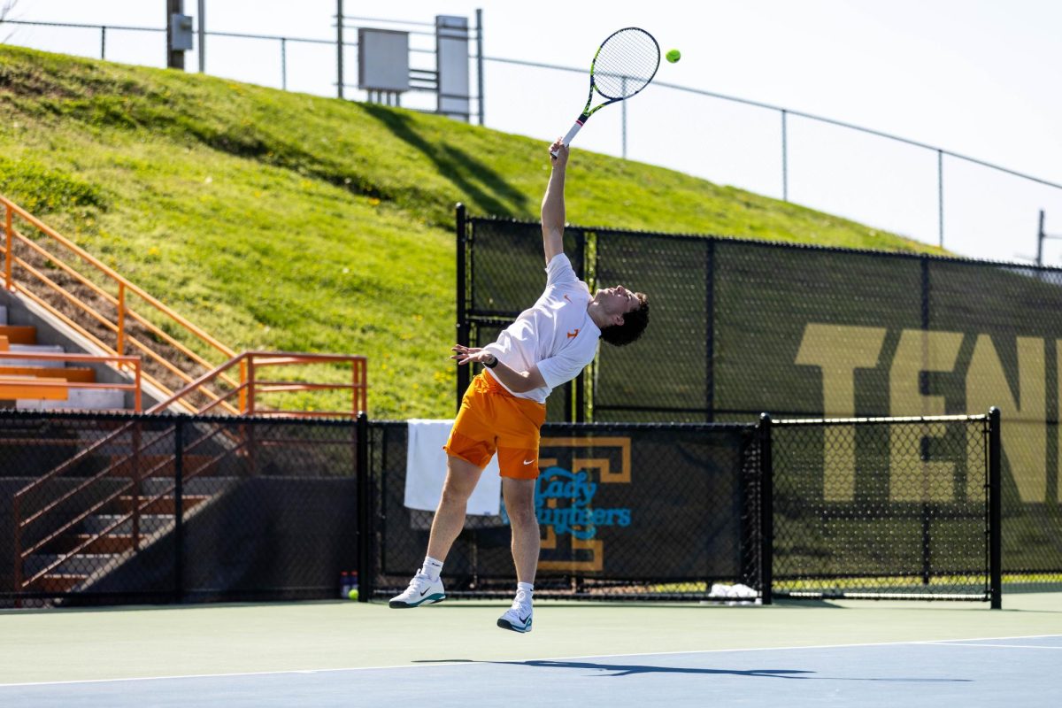 Alejandro Moreno serves the ball in a singles match against Florida at Barksdale Stadium, Sunday, March 22, 2026.
