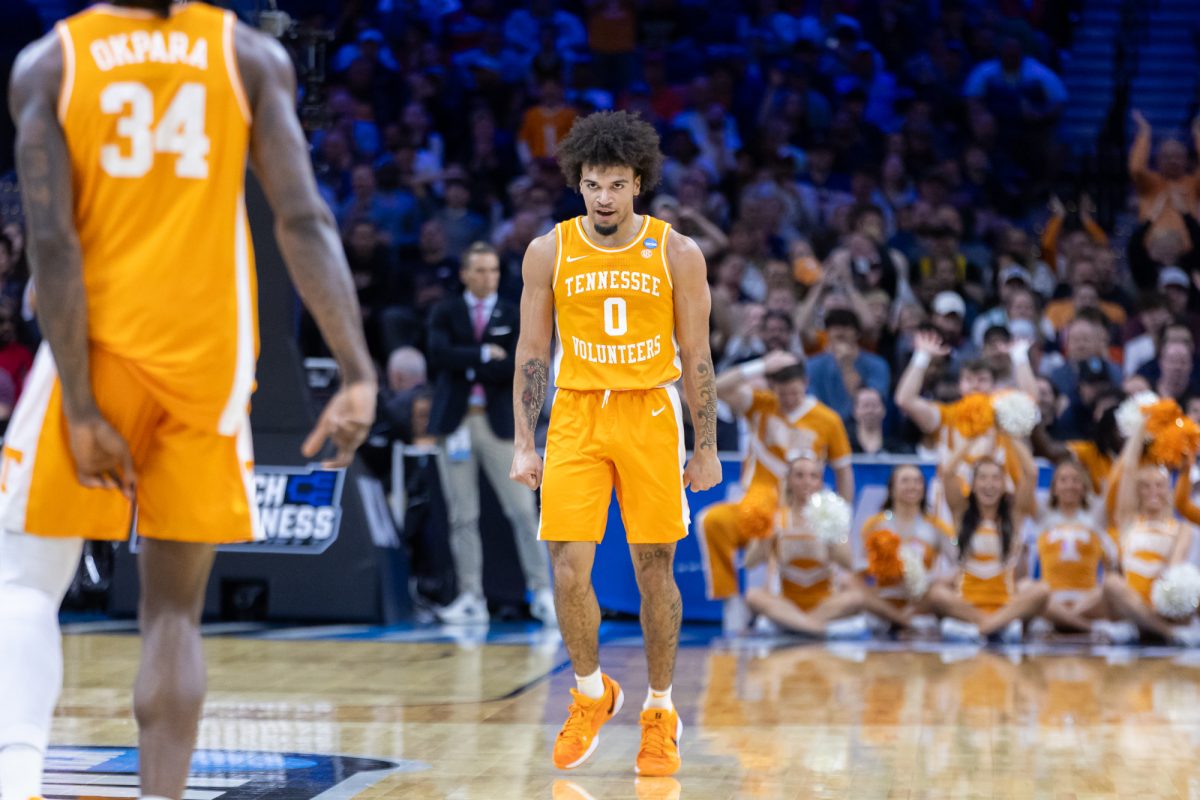 Ja'Kobi Gillespie (0) celebrates during an NCAA tournament game against Virginia at Xfinity Mobile Arena. Sunday, March 22, 2026.