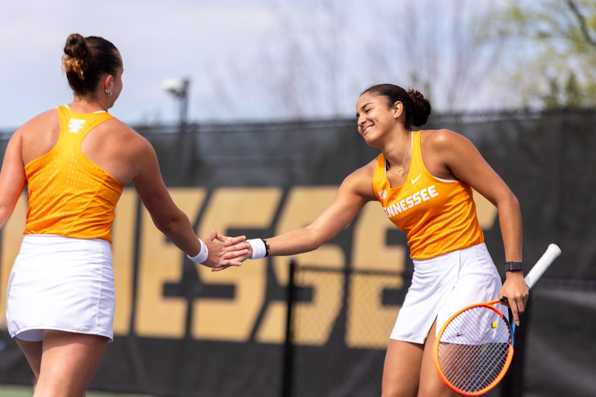 Francesca Mattioli and Vanesa Suarez celebrate during a match against Mizzou at Barksdale Stadium. Sunday, March 29, 2026