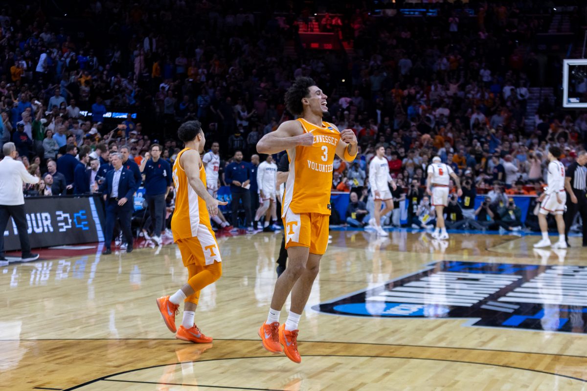 Bishop Boswell (3) hypes up the crowd after an NCAA tournament win over Virginia at Xfinity Mobile Arena. Sunday, March 22, 2026.