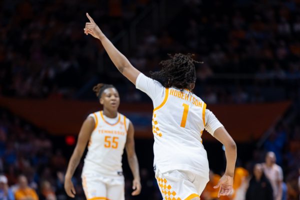 Nya Robertson (1) celebrates scoring against Vanderbilt at Food City Center. Sunday, March 1, 2026.