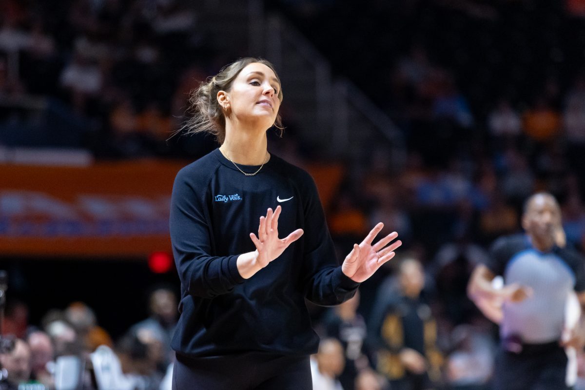 Head coach Kim Caldwell reacts to a call during a game against Vanderbilt at Food City Center. Sunday, March 1, 2026.