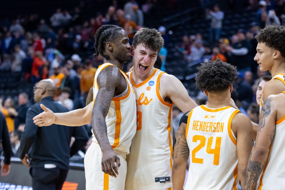 Vols celebrate after an NCAA tournament win over Miami (Ohio) at Xfinity Mobile Arena. Friday, March 20, 2026.