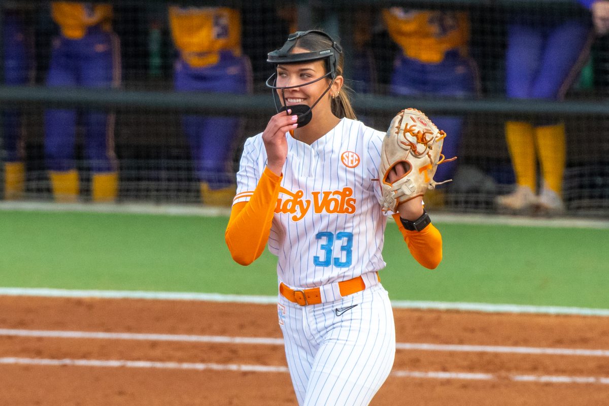 Erin Nuwer (33) celebrates an out during a game against Tennessee Tech at Sherri Parker Lee Stadium. Tuesday, March 24, 2026.