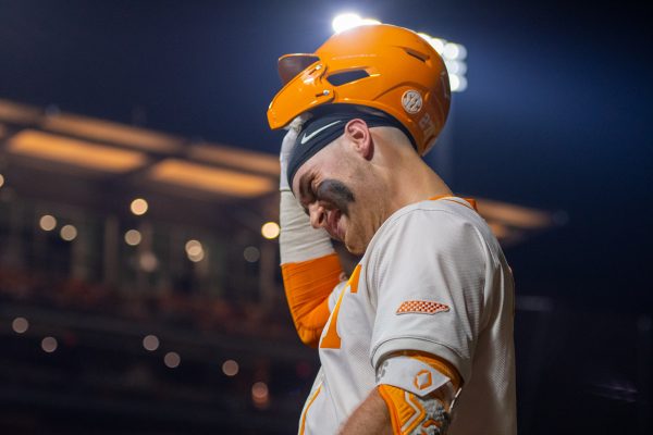 Stone Lawless (27) walks back to the dugout after getting out during a game against Wright State at Lindsey Nelson Stadium. Friday, March 6, 2026.