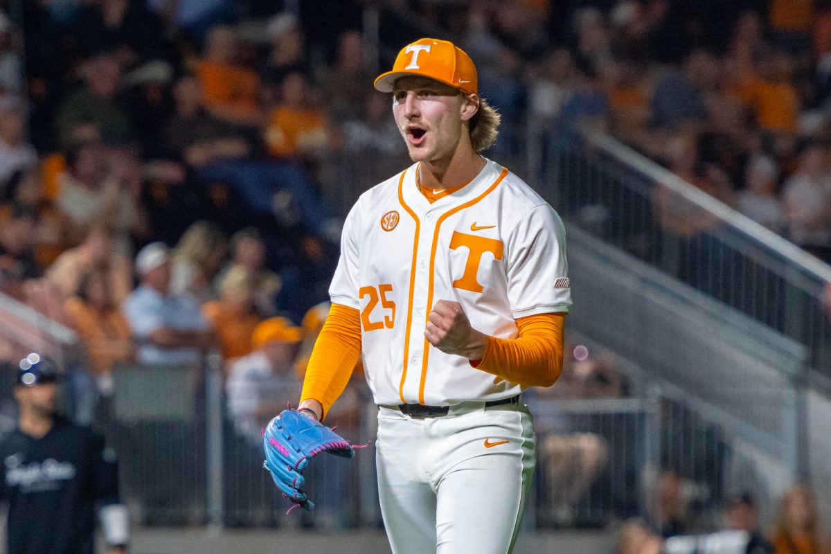 Brandon Arvidson (25) celebrates after getting out of an inning during a game against Wright State at Lindsey Nelson Stadium. Friday, March 6, 2026.