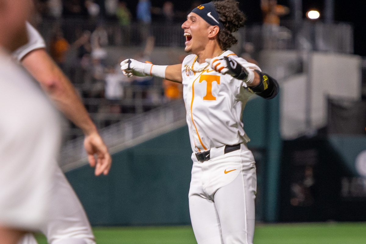 Manny Marin (4) celebrates a walk-off single against Wright State at Lindsey Nelson Stadium. Friday, March 6, 2026.