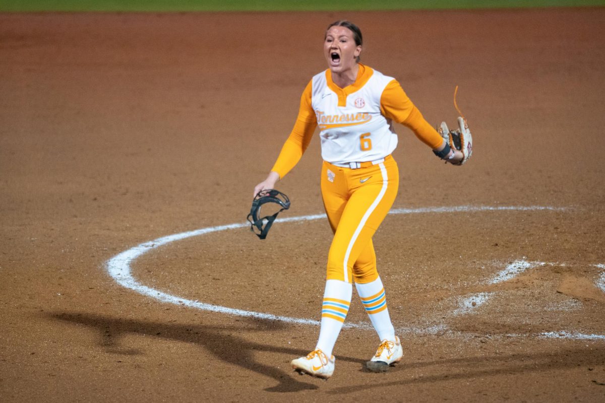 Sage Mardjetko (6) tears off her mask and yells after striking out an LSU for the win at Sherri Parker Lee Stadium. Friday, March 6, 2026.